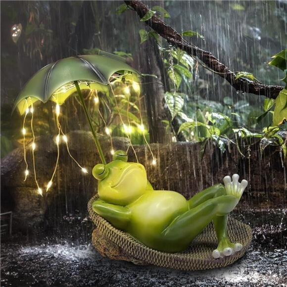 Frogs Garden Outdoor Statue - Solar Frog Umbrella Pond Statues LED Waterproof - Picture 4 of 7